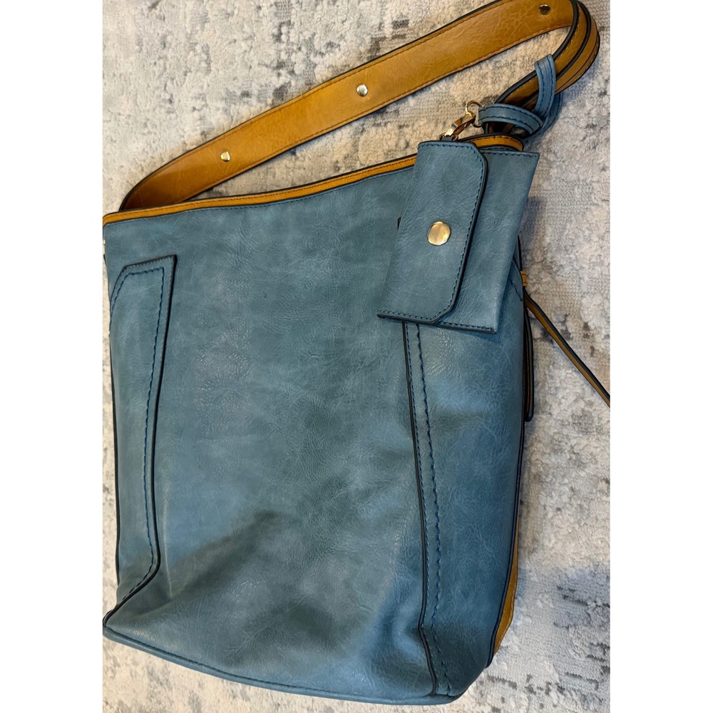 Slate Blue and Mustard Yellow Vegan Leather Hobo Bag with Chevron Lining - Picture 6 of 7